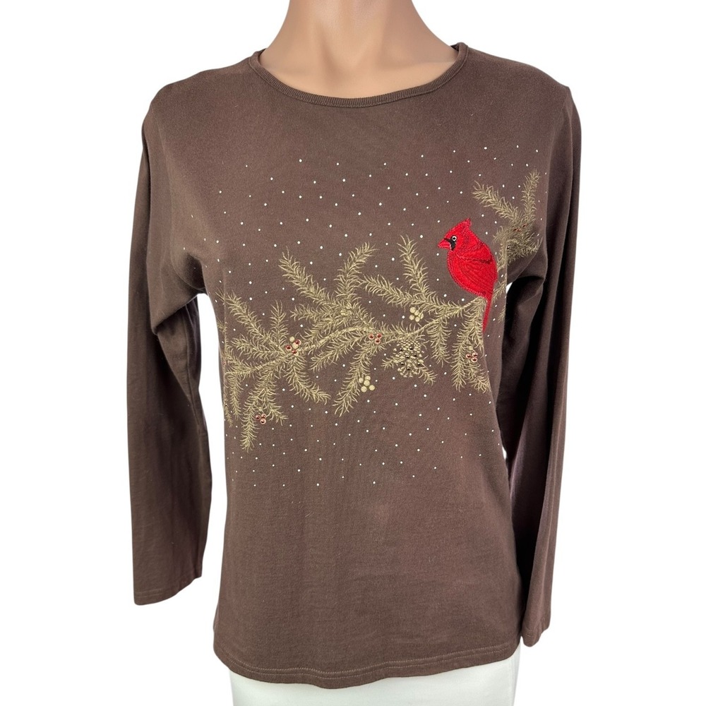 Decorated Originals Sz M T-Shirt Brown w Red Cardinal Applique Long Sleeve